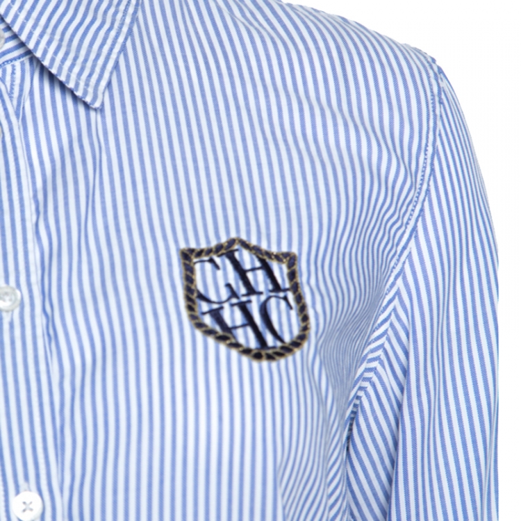 مملوكة مسبقًا Carolina Herrera Blue Striped Cotton Crest Embroidered Button Front Oxford Shirt M