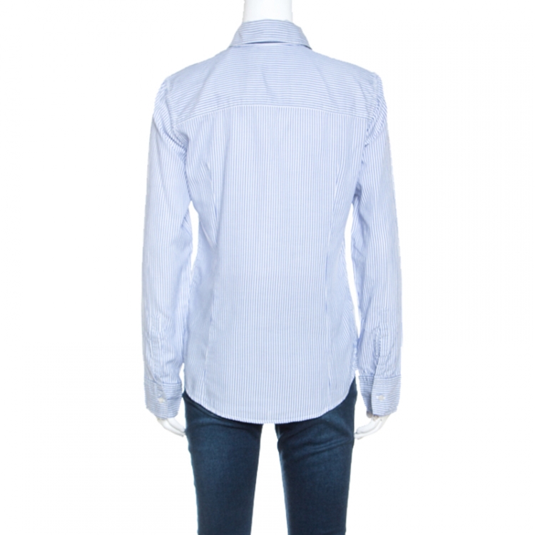 مملوكة مسبقًا Carolina Herrera Blue Striped Cotton Crest Embroidered Button Front Oxford Shirt M
