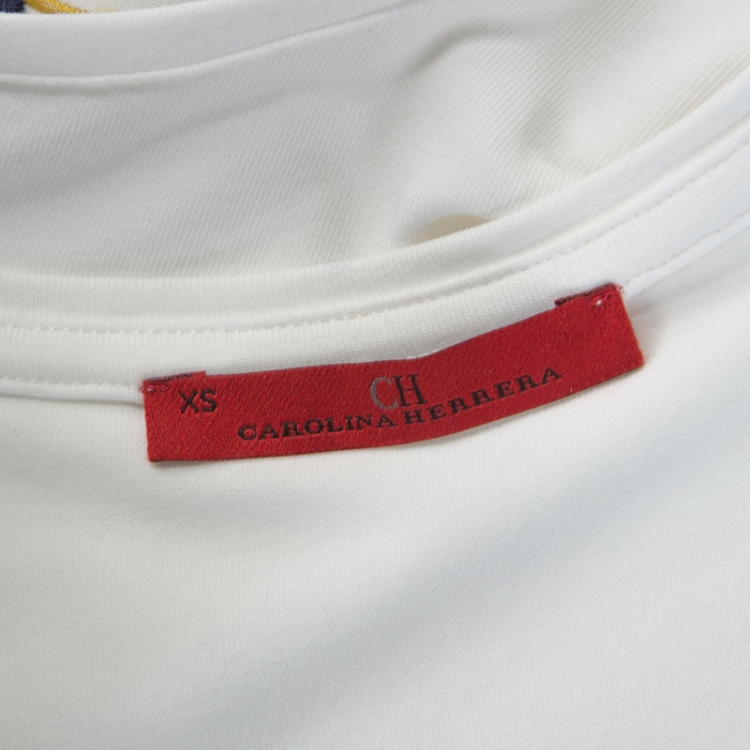مملوكة مسبقًا CH Carolina Herrera White Stretch Cotton Brocade Applique Detail Top XS 