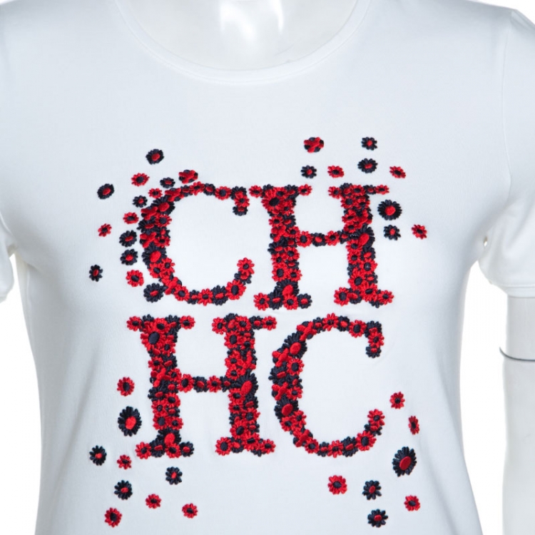 مملوكة مسبقًا CH Carolina Herrera White Floral Logo Embroidered Stretch Cotton Top XS
