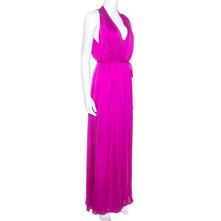 Pre Owned Carolina Herrera Magenta Silk Keyhole Back Detail Sleeveless Dress L