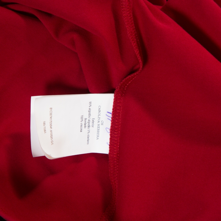 Pre Owned CH Carolina Herrera Red Stretch Cotton Floral Logo Embroidered T-Shirt L
