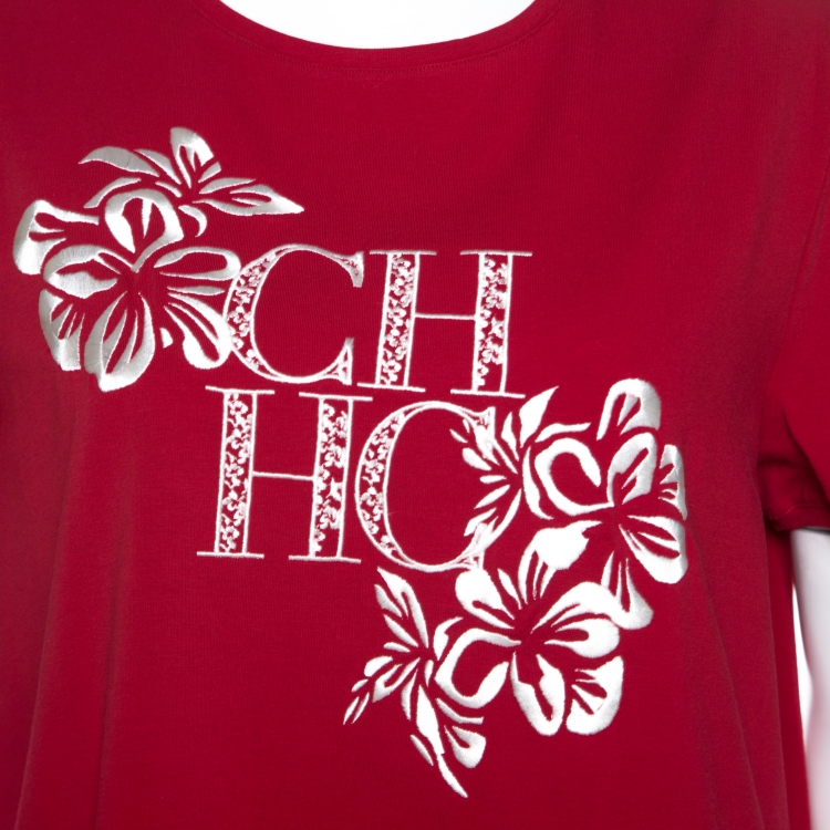 Pre Owned CH Carolina Herrera Red Stretch Cotton Floral Logo Embroidered T-Shirt L