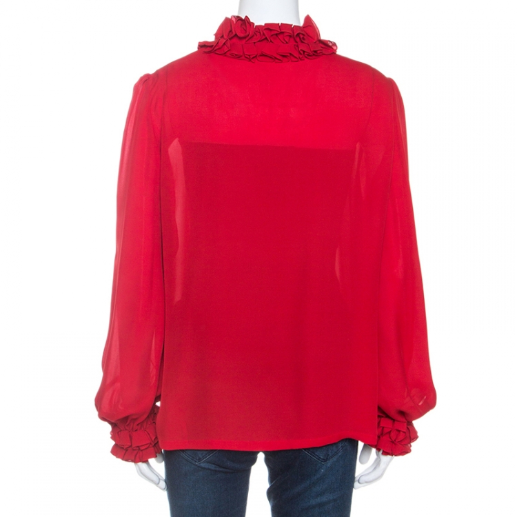مملوكة مسبقًا CH Carolina Herrera Red Silk Ruffle Trim Blouse L