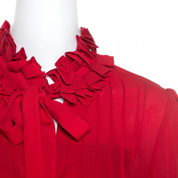 مملوكة مسبقًا CH Carolina Herrera Red Silk Ruffle Trim Blouse L