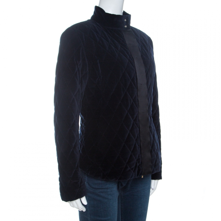 Pre Owned CH Carolina Herrera Navy Blue Velvet Quilted Jacket S