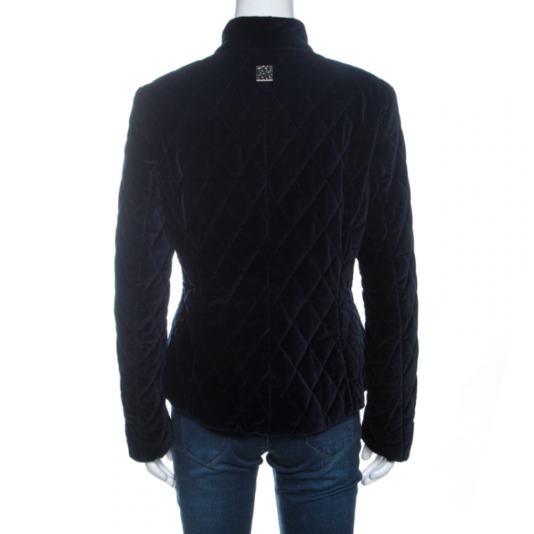 Pre Owned CH Carolina Herrera Navy Blue Velvet Quilted Jacket S