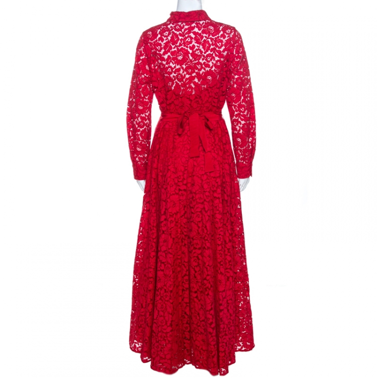 Pre Owned CH Carolina Herrera Red Cotton Blend Lace Maxi Shirt Dress L