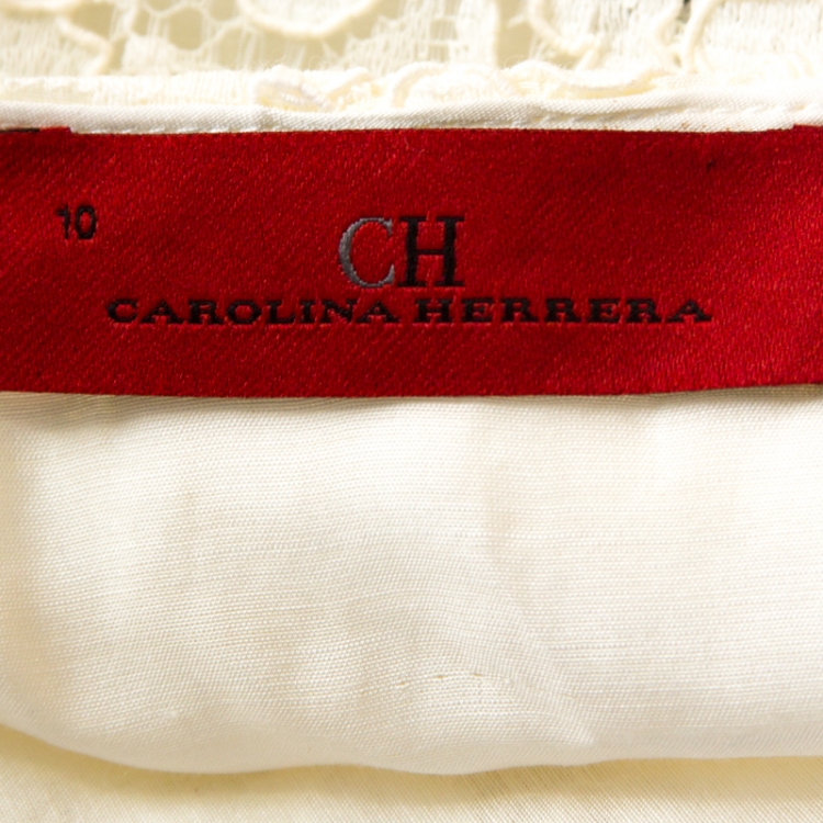 Pre Owned CH Carolina Herrera Monochrome Lace Scalloped Hem Detail Top L