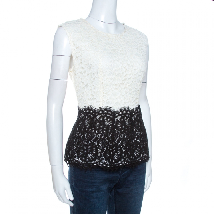 Pre Owned CH Carolina Herrera Monochrome Lace Scalloped Hem Detail Top L