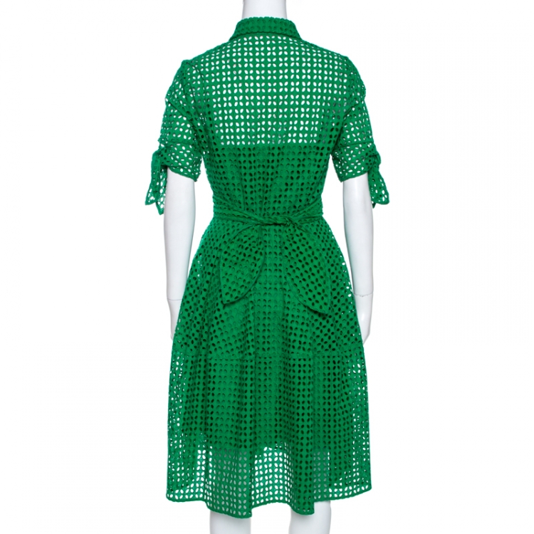 Pre Owned CH Carolina Herrera Green Eyelet Lace Tie Detail Midi Dress M