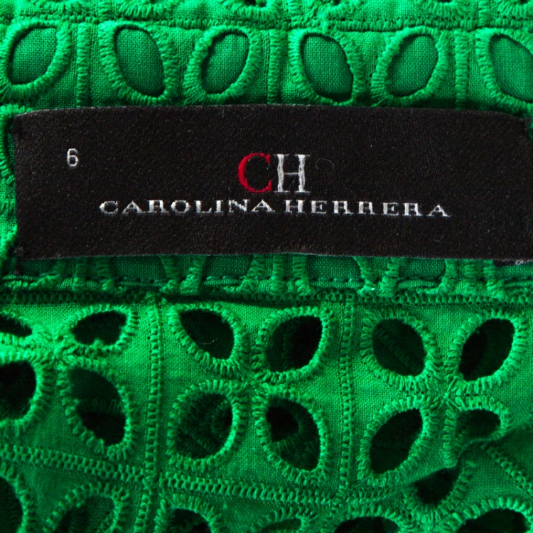 Pre Owned CH Carolina Herrera Green Eyelet Lace Tie Detail Midi Dress M