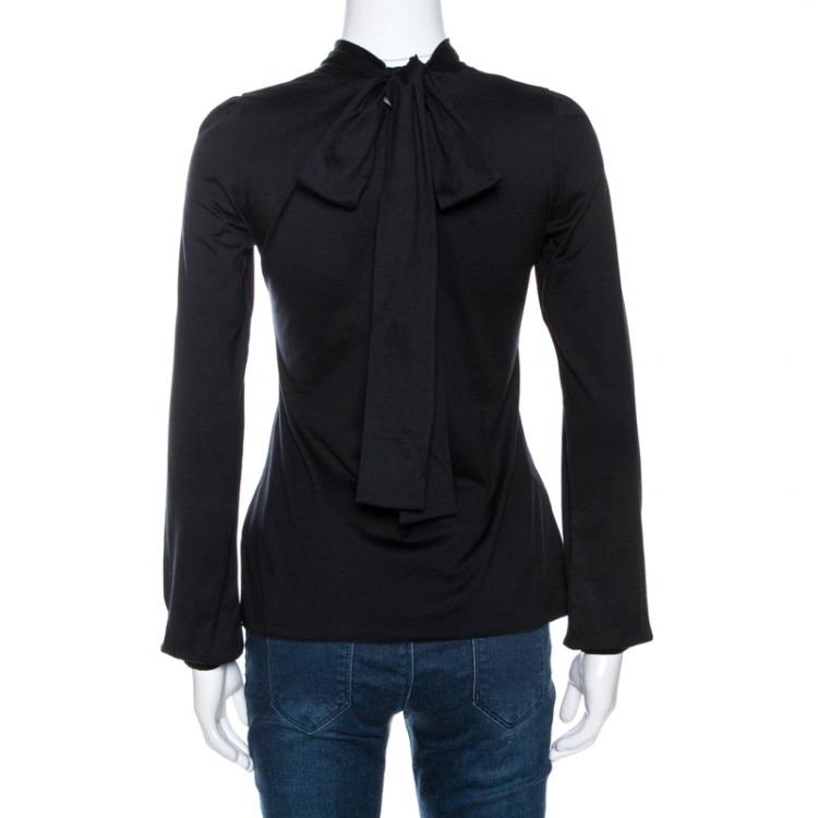 Pre Owned CH Carolina Herrera Black Cotton Neck Tie Detail Top XS