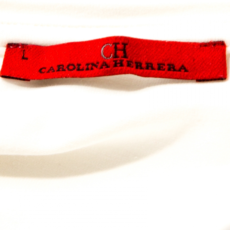 Pre Owned CH Carolina Herrera White Floral Logo Embroidered Cotton T-Shirt L