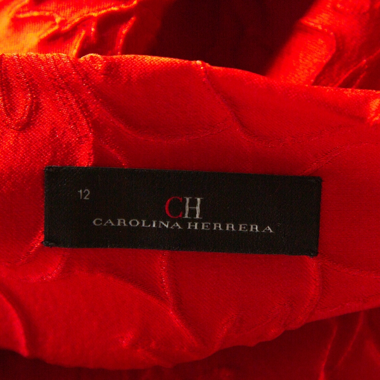 Pre Owned CH Carolina Herrera Red Floral Embossed Asymmetric Neck Flared Dress L