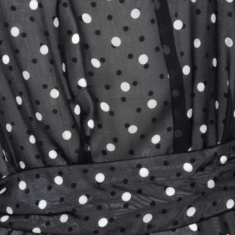 Pre Owned CH Carolina Herrera Monochrome Polka Dot Silk Belted Maxi Dress L