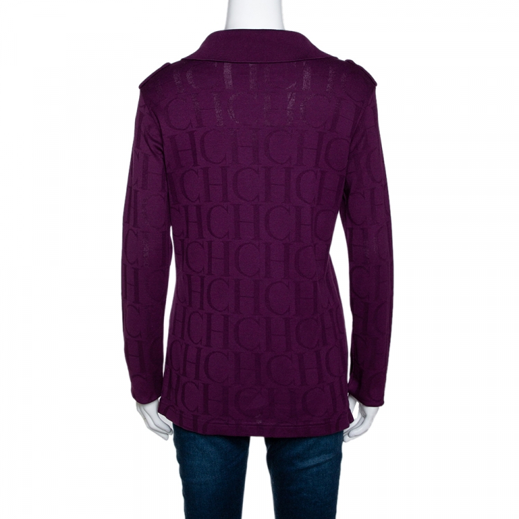 Pre Owned CH Carolina Herrera Purple Logo Patterned Cotton Polo T-Shirt L