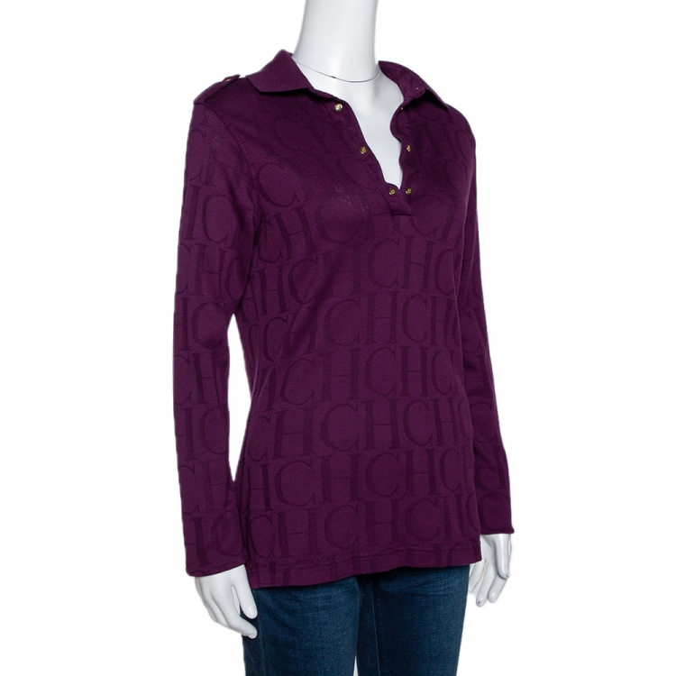 Pre Owned CH Carolina Herrera Purple Logo Patterned Cotton Polo T-Shirt L