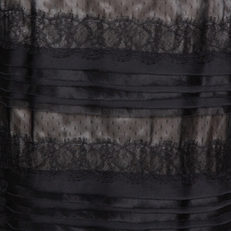 Pre Owned CH Carolina Herrera Black Silk & Lace Trim Layered Maxi Skirt L