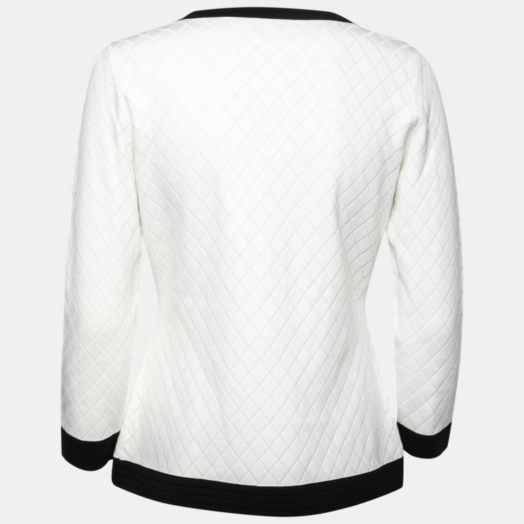 Pre Owned CH Carolina Herrera White Patterned Knit Contrast Trimmed Cardigan M