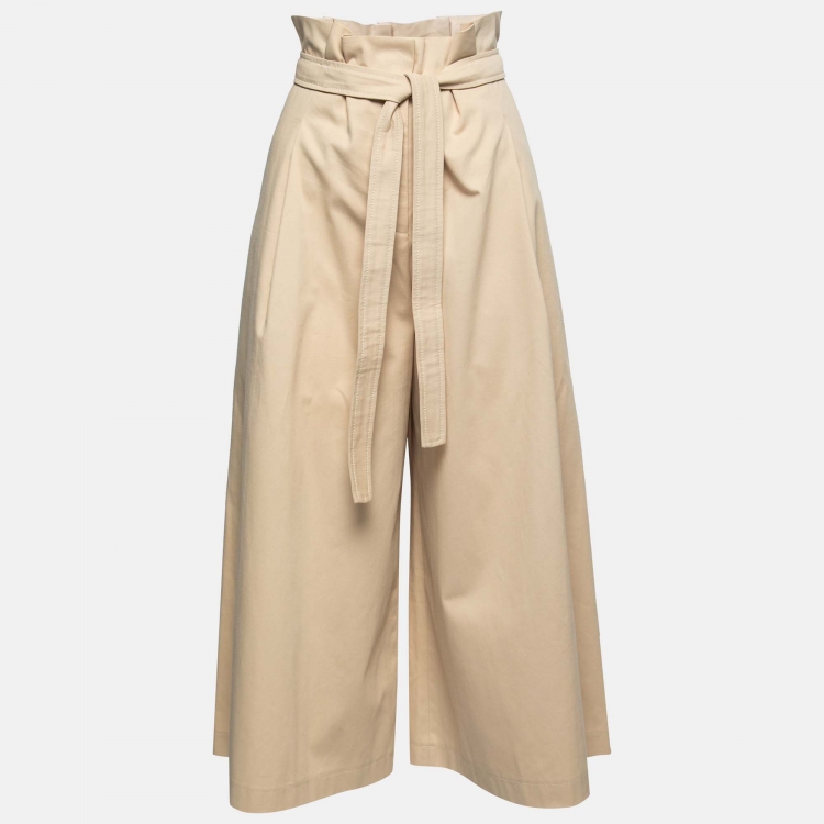 Pre Owned CH Carolina Herrera Beige Cotton Wide Leg Belted Trousers M