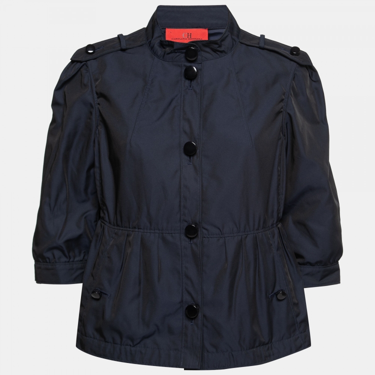 Pre Owned CH Carolina Herrera Navy Blue Synthetic Cropped-Sleeve Peplum Jacket L