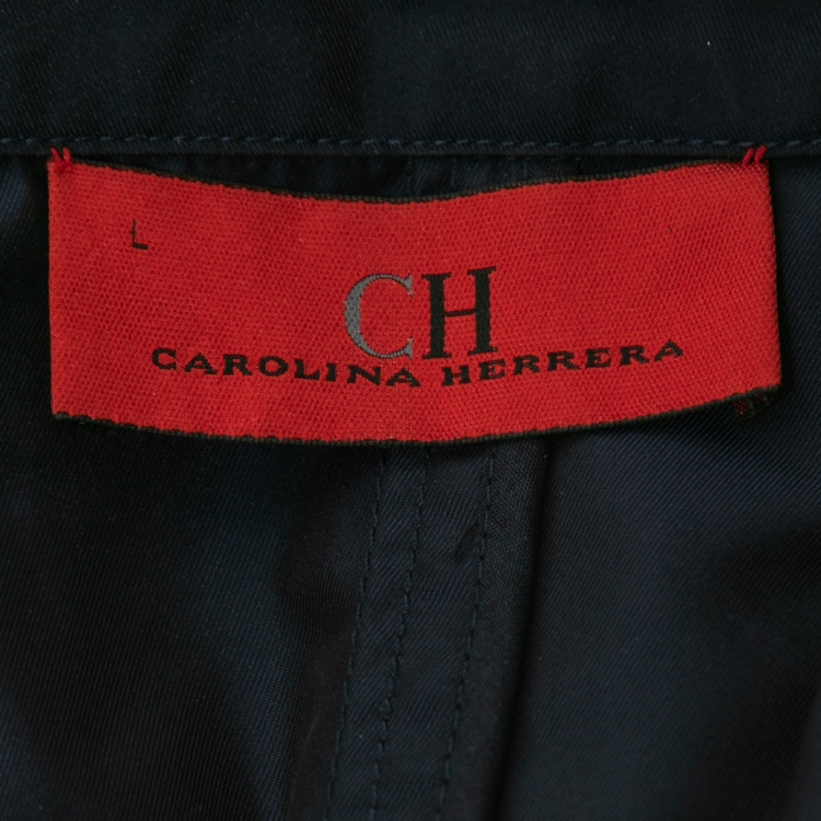 Pre Owned CH Carolina Herrera Navy Blue Synthetic Cropped-Sleeve Peplum Jacket L