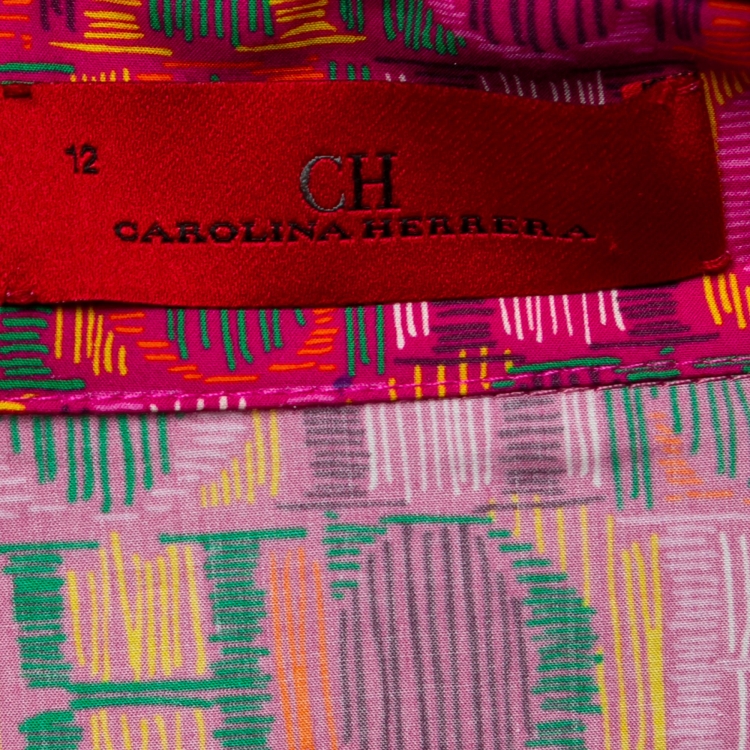 Pre Owned CH Carolina Herrera Pink Printed Cotton Belted Midi Shirt Dress L