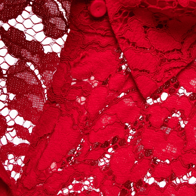 Pre Owned CH Carolina Herrera Red Lace Belted Maxi Shirt Dress M