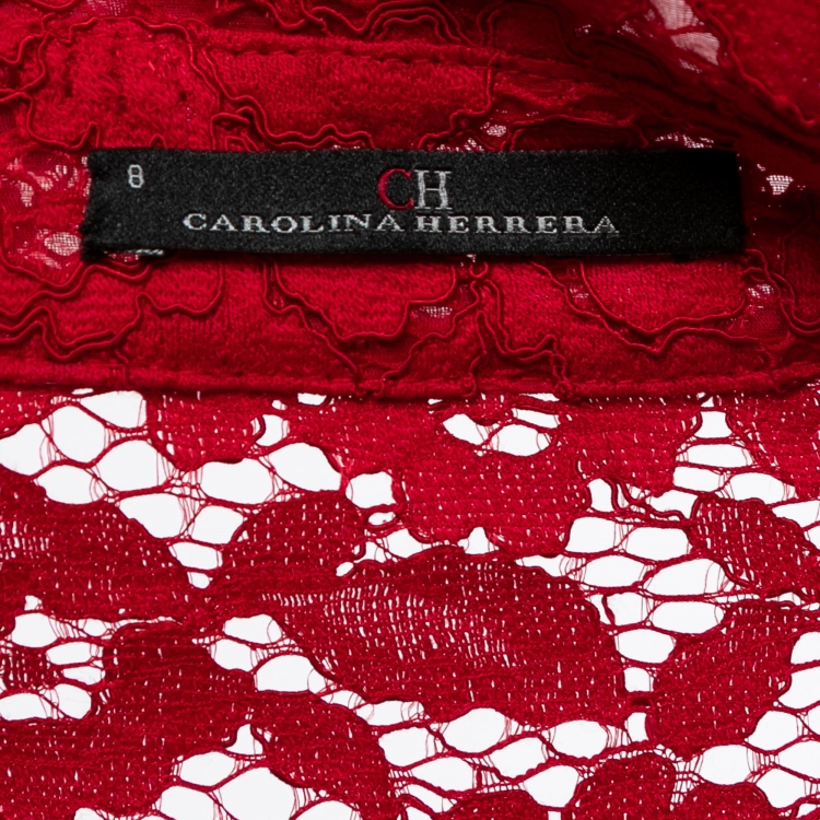 Pre Owned CH Carolina Herrera Red Lace Belted Maxi Shirt Dress M
