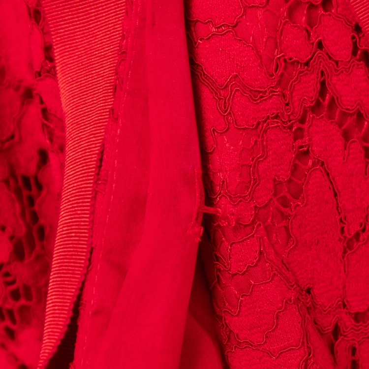 Pre Owned CH Carolina Herrera Red Lace Belted Maxi Shirt Dress M