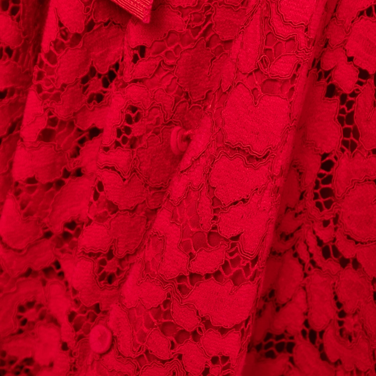 Pre Owned CH Carolina Herrera Red Lace Belted Maxi Shirt Dress M