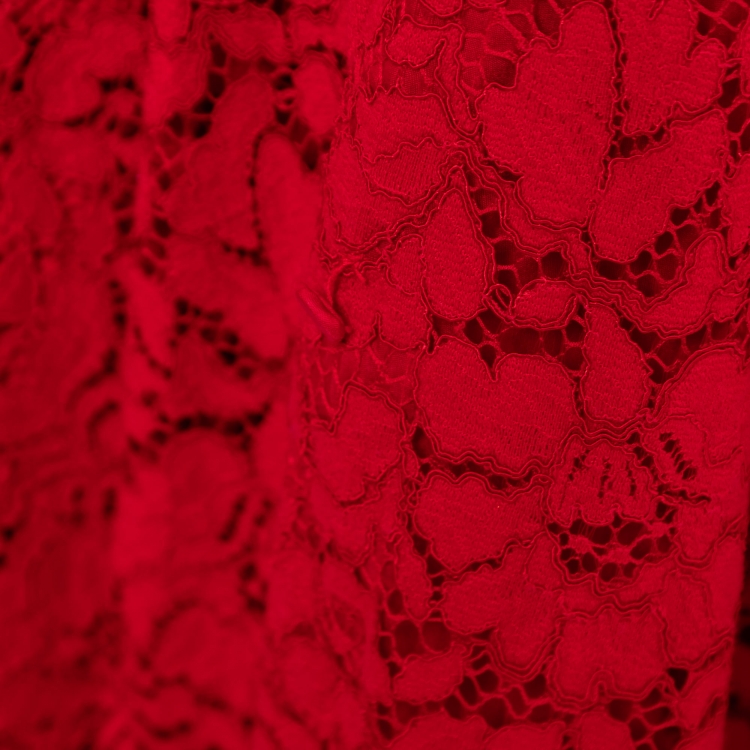 Pre Owned CH Carolina Herrera Red Lace Belted Maxi Shirt Dress M