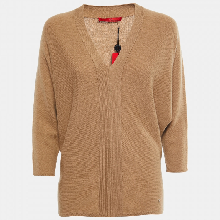 Pre Owned CH Carolina Herrera Tan Brown Wool V-Neck Sweater Top XS
