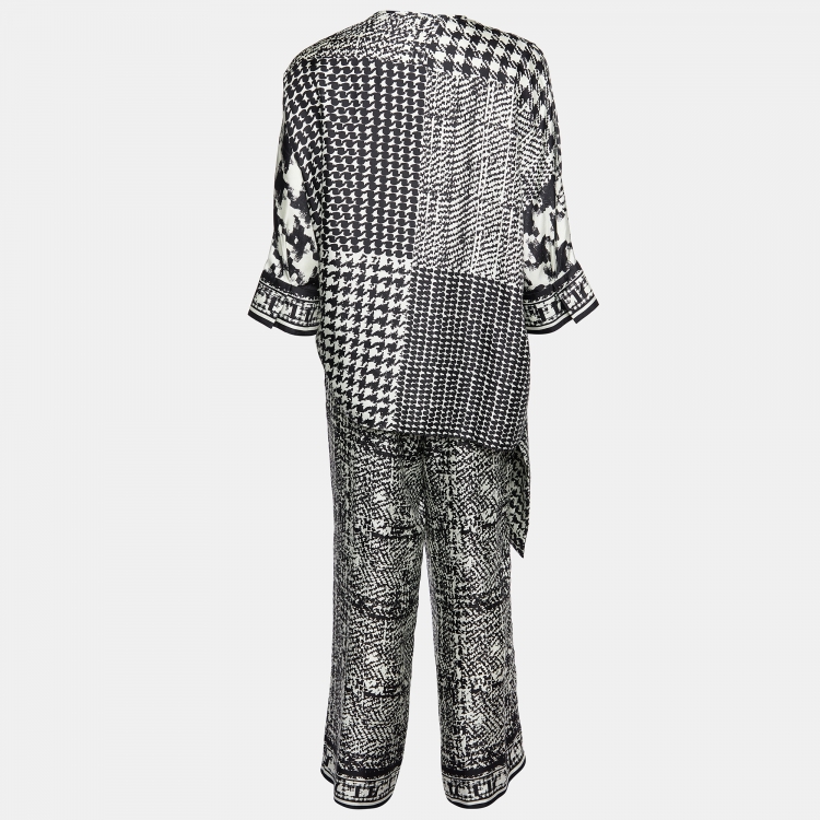 Pre Owned CH Carolina Herrera White & Black Printed Silk Oversize Top & Culottes S/M