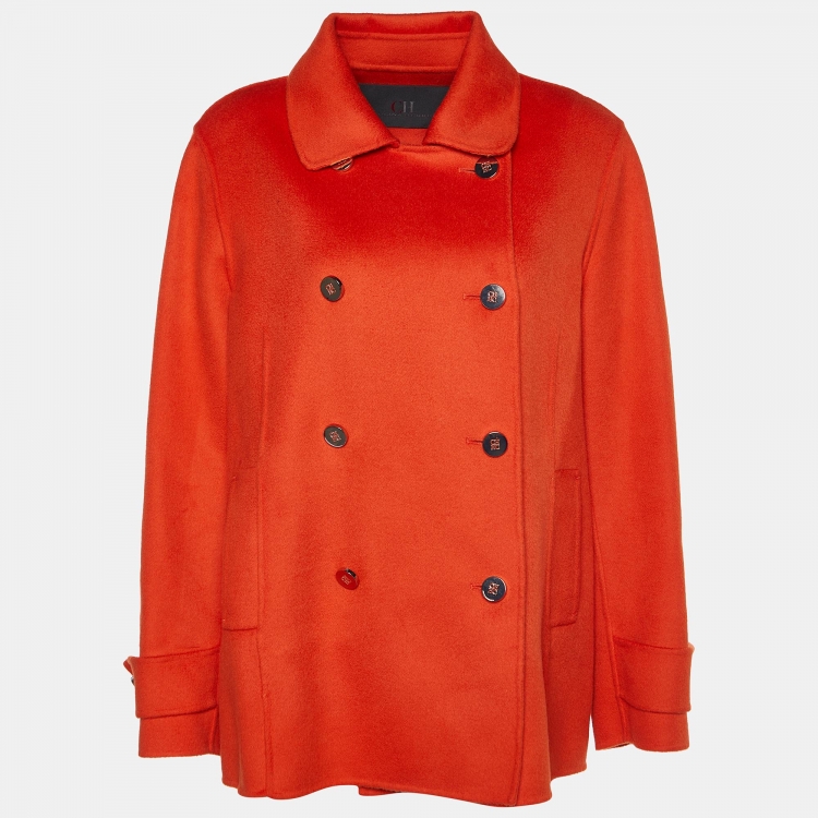 Pre Owned CH Carolina Herrera Orange Wool Double Breasted Short Coat L