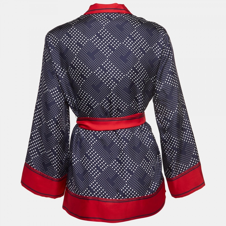 Pre Owned CH Carolina Herrera Navy Blue Dots Print Belted Wrap Tunic M