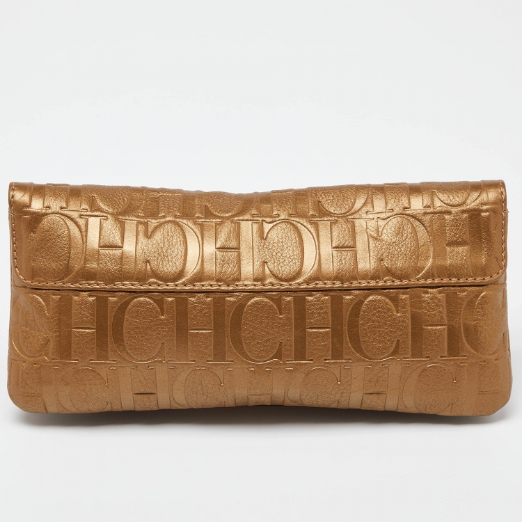 Pre Owned CH Carolina Herrera Gold Monogram Embossed Leather Bow Chain Clutch