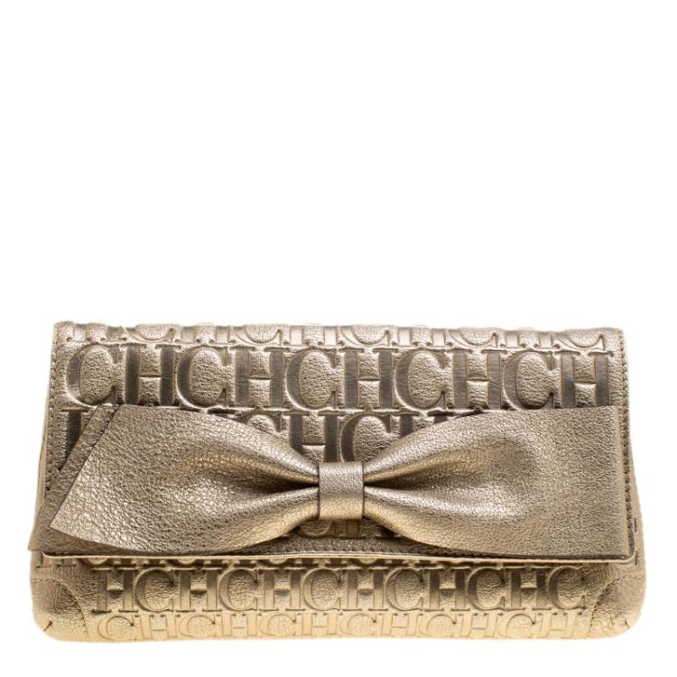 Pre Owned Carolina Herrera Metallic Light Gold Leather Bow Clutch