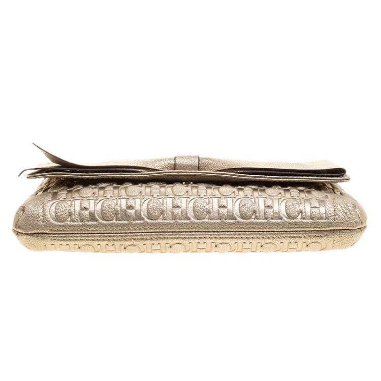 Pre Owned Carolina Herrera Metallic Light Gold Leather Bow Clutch