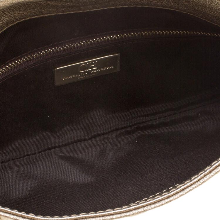 Pre Owned Carolina Herrera Metallic Light Gold Leather Bow Clutch