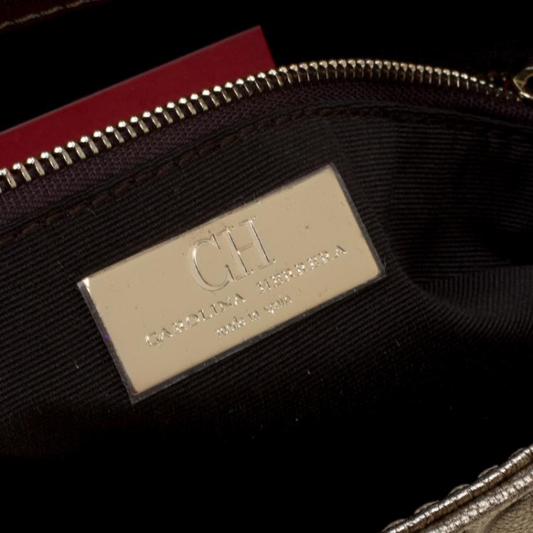 Pre Owned Carolina Herrera Metallic Light Gold Leather Bow Clutch