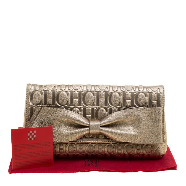 Pre Owned Carolina Herrera Metallic Light Gold Leather Bow Clutch