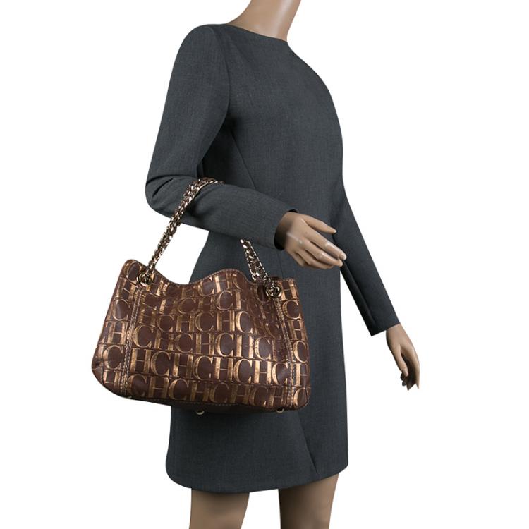 Pre Owned Carolina Herrera Brown Monogram Leather Chain Handle Tote