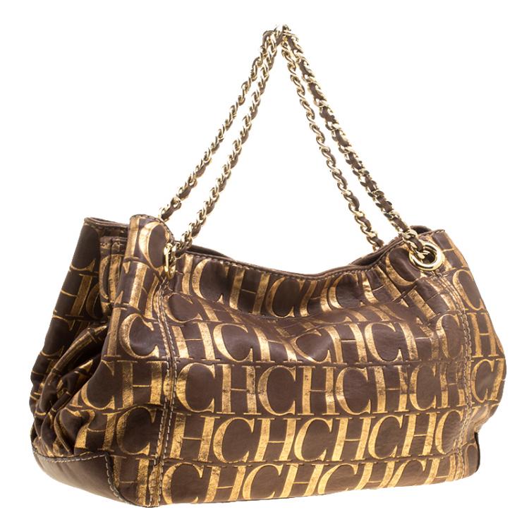 Pre Owned Carolina Herrera Brown Monogram Leather Chain Handle Tote
