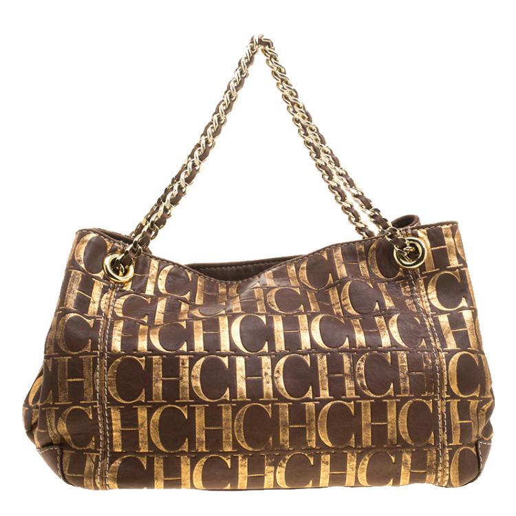 Pre Owned Carolina Herrera Brown Monogram Leather Chain Handle Tote