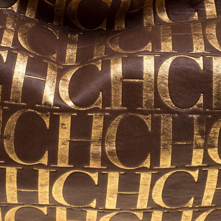 Pre Owned Carolina Herrera Brown Monogram Leather Chain Handle Tote