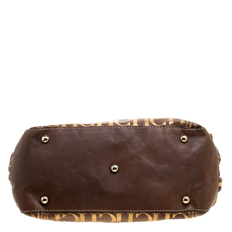Pre Owned Carolina Herrera Brown Monogram Leather Chain Handle Tote
