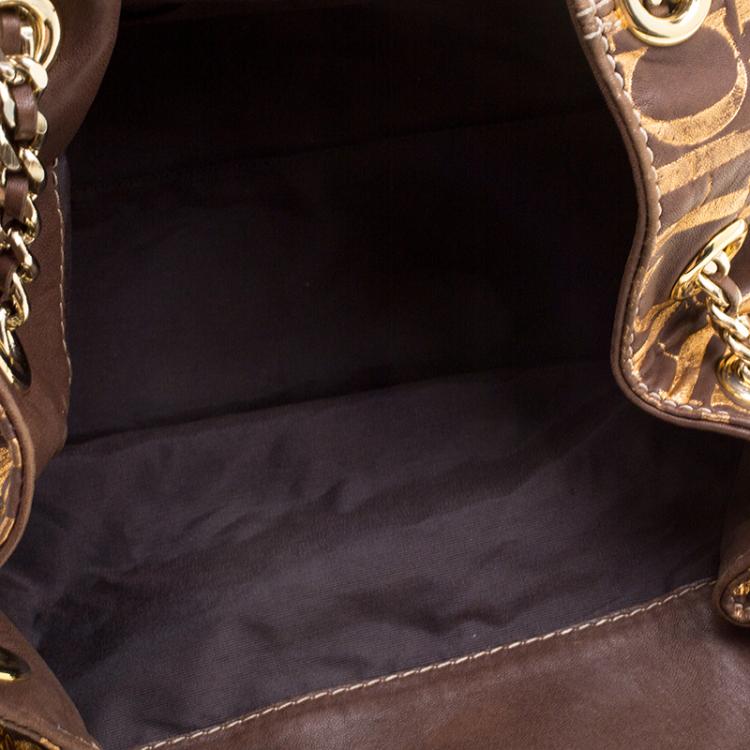 Pre Owned Carolina Herrera Brown Monogram Leather Chain Handle Tote