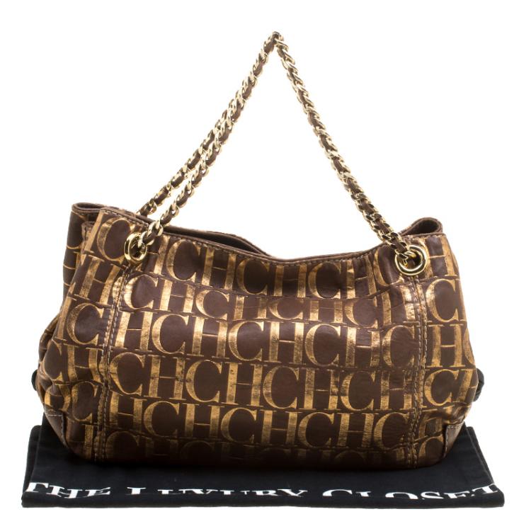 Pre Owned Carolina Herrera Brown Monogram Leather Chain Handle Tote